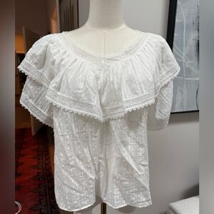 DÔEN Cosenza White ruffled crochet trimmed fil coupe cotton voile blouse - Sz XS